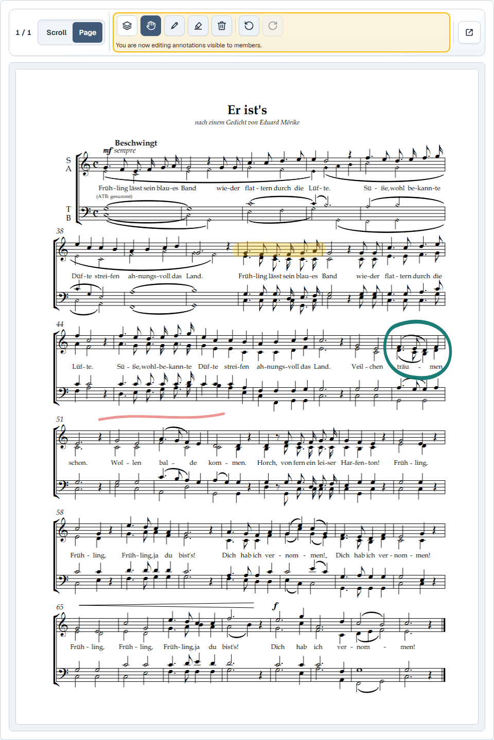 PDF score with annotations and a toolbar for the shared layer
