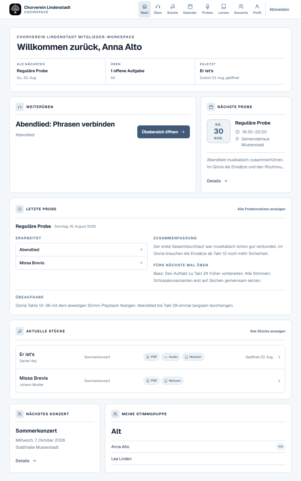 Mitglieder-Dashboard mit aktuellen Stücken, Probenkontext und verfügbaren Materialien
