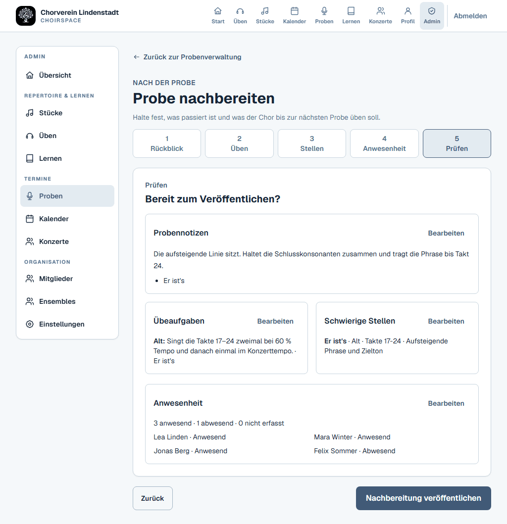 Geführter Probenabschluss mit Probenotizen, Übeaufgaben und schwierigen Stellen